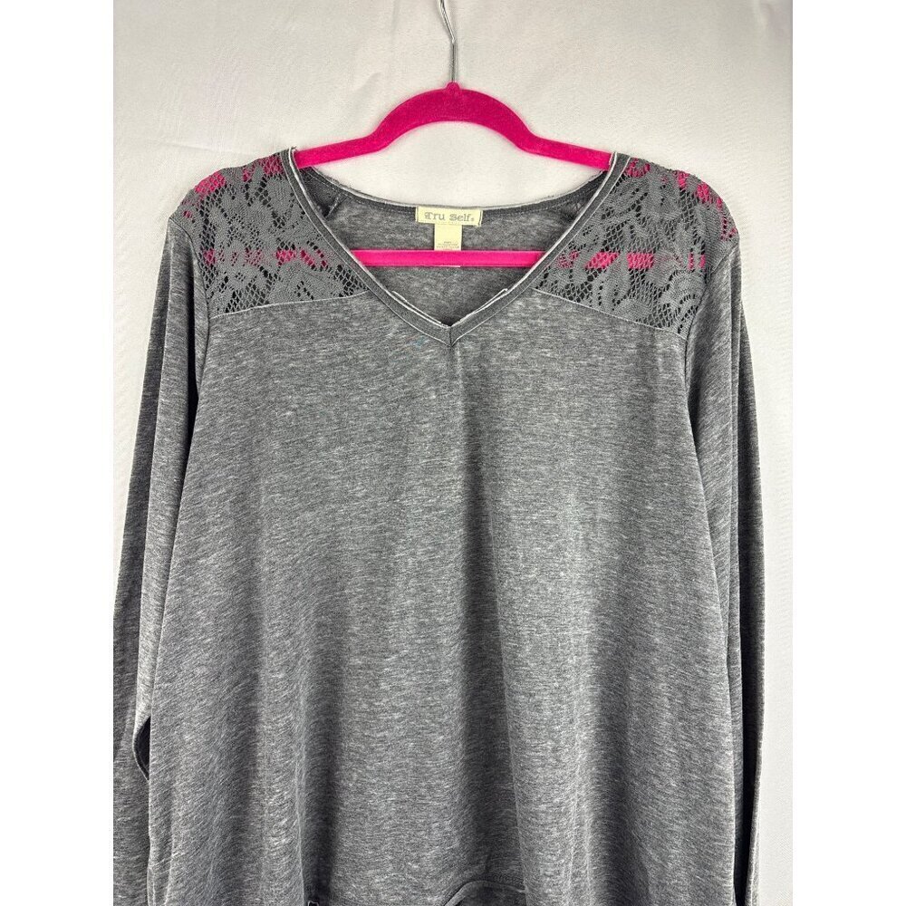 Tru Self Gray Lace Accent V-Neck Long Sleeve Top Size 2X